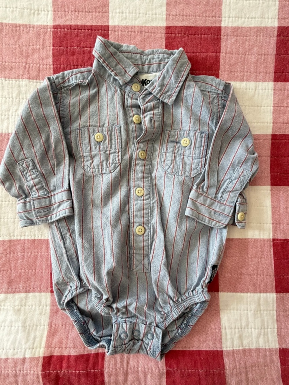 OshKosh B'gosh Blue and Red Striped Baby Onesie Shirt 9M